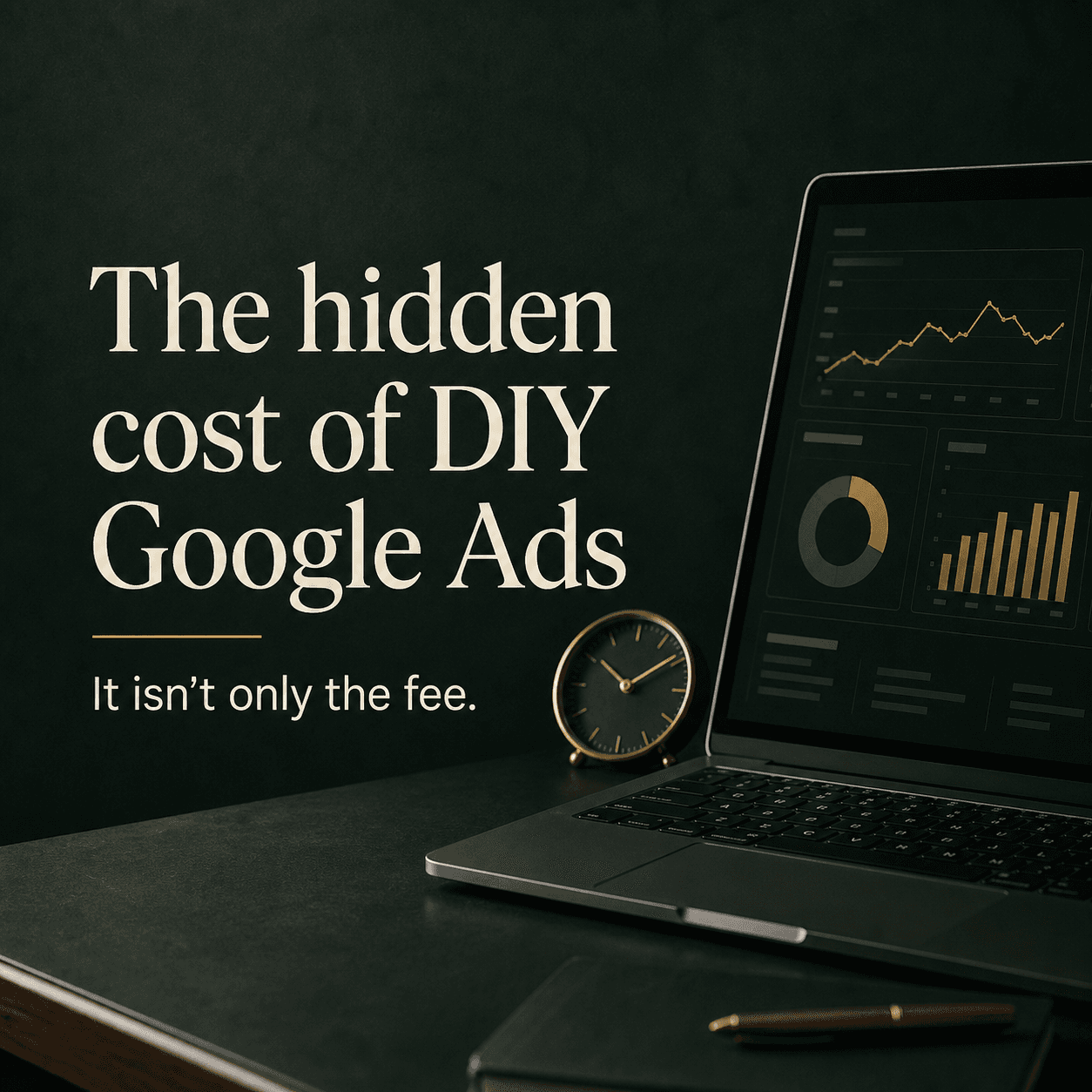 Laptop with a Google Ads-style dashboard and an analog clock beside the words The hidden cost of DIY Google Ads